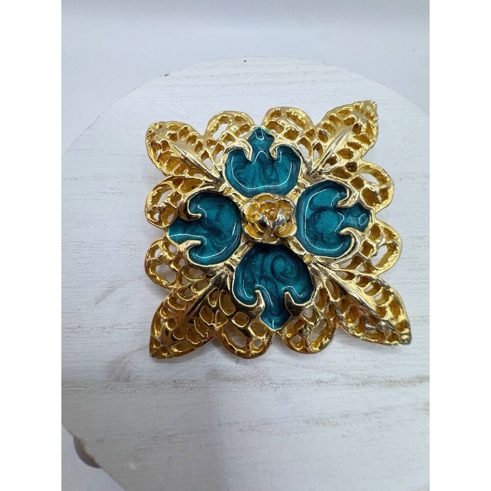 Vintage Open Filigree Large Square Brooch Turquoise Enamel Retro Old Money